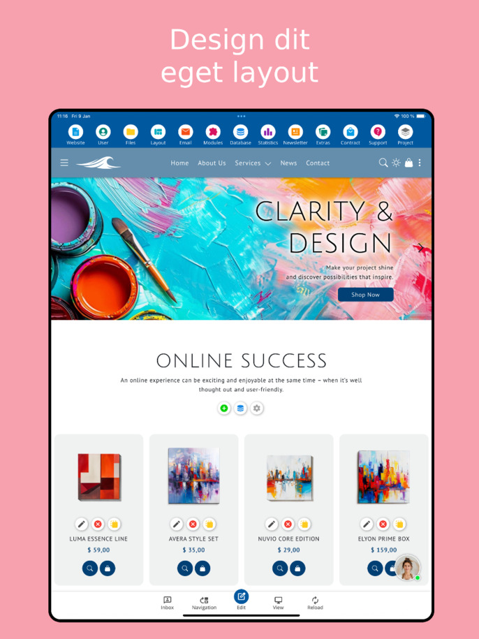 Layouteditor for Website Builder App – tabletvisning