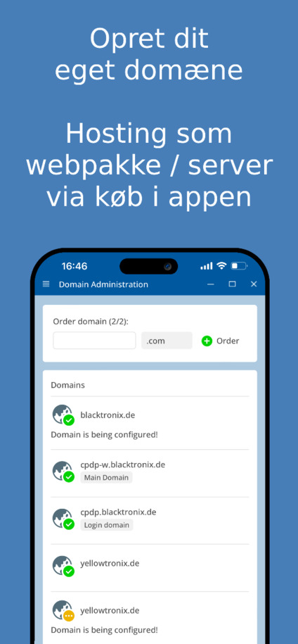 Opret og administrer eget domæne – app skærmbillede