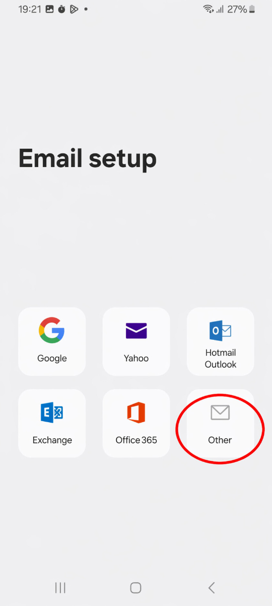 Samsung E-Mail App mit geöffneten Einstellungen, der Option Konto hinzufügen und der Auswahl Weitere für zusätzliche Kontotypen