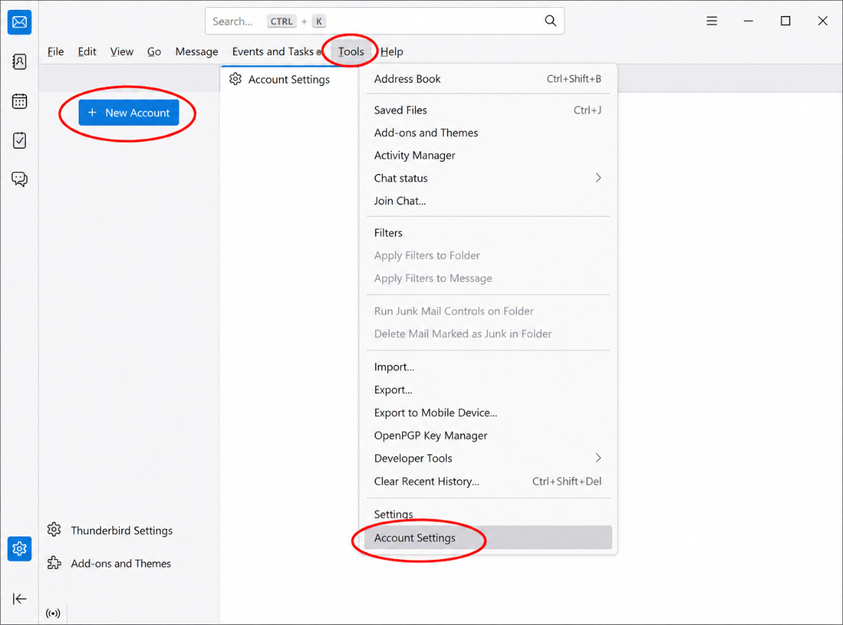 Thunderbird Konten-Einstellungen auf Windows mit dem Button Neues Konto